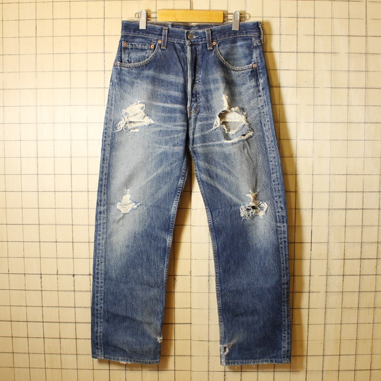 Levis リーバイス 501 ダメージ 穴あき ジーンズ デニム パンツ USA製 古着 ブルー W32