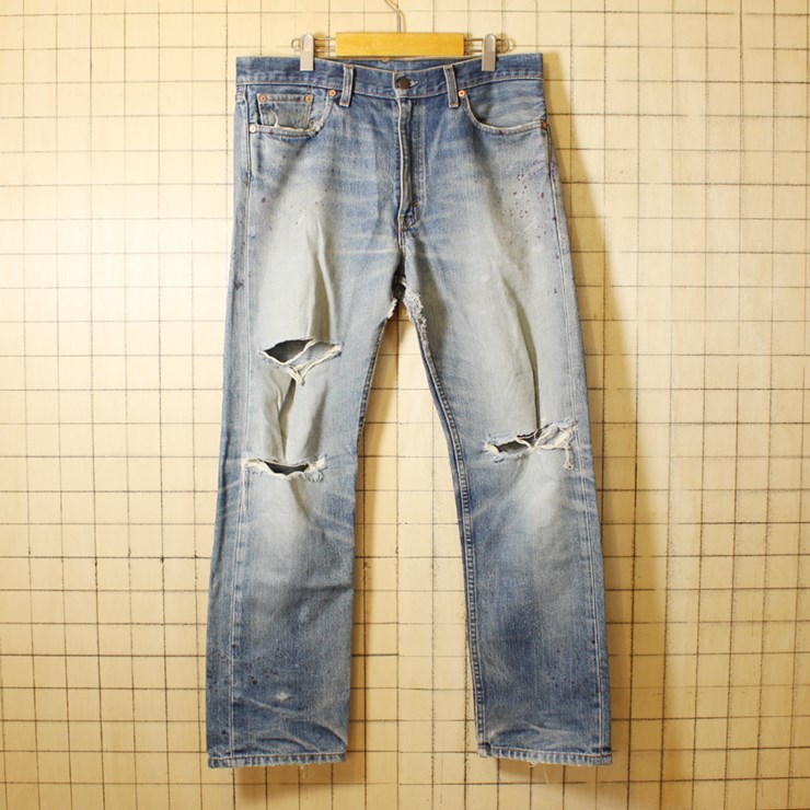 Levis リーバイス 505 ダメージ 穴あき ジーンズ デニム パンツ クラッシュ USA製 古着 ブルー W34