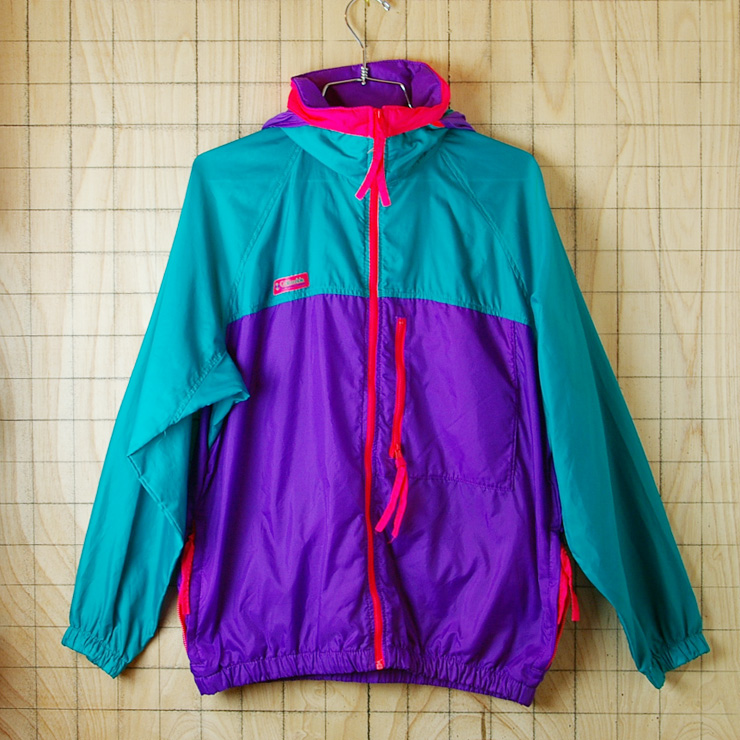 80s コロンビア ハーフジップナイロンジャケット L パープル 紫 緑