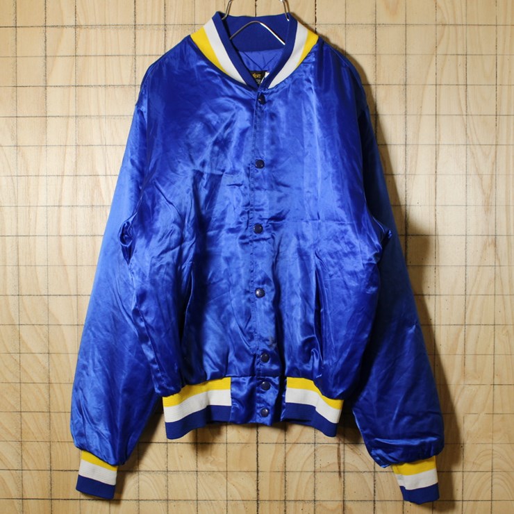 SWINGSTER/USA製80s古着/ブルー/チェーンステッチ/スナップボタン/サテンスタジャン/メンズM