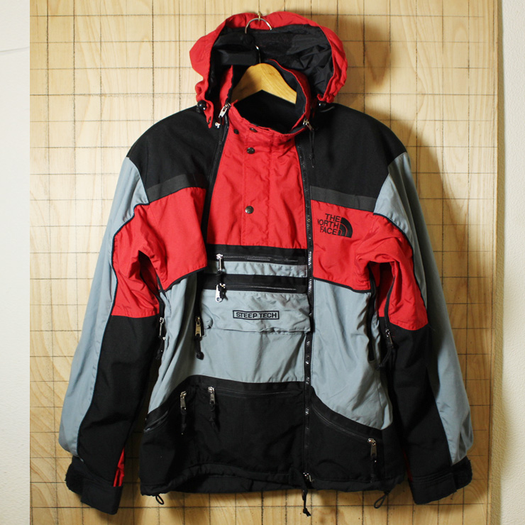 THE NORTH FACE×Scot Schmidt/USA製90s古着レッド×ブラックSTEEP TECHナイロンジャケット/メンズL