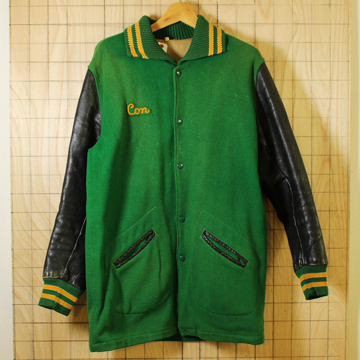 LASLEY KNITTING/USA50s-60sビンテージ古着グリーン×ブラックGREEN DRAGONロングスタジャン・ロンスタ/メンズLサイズ相当