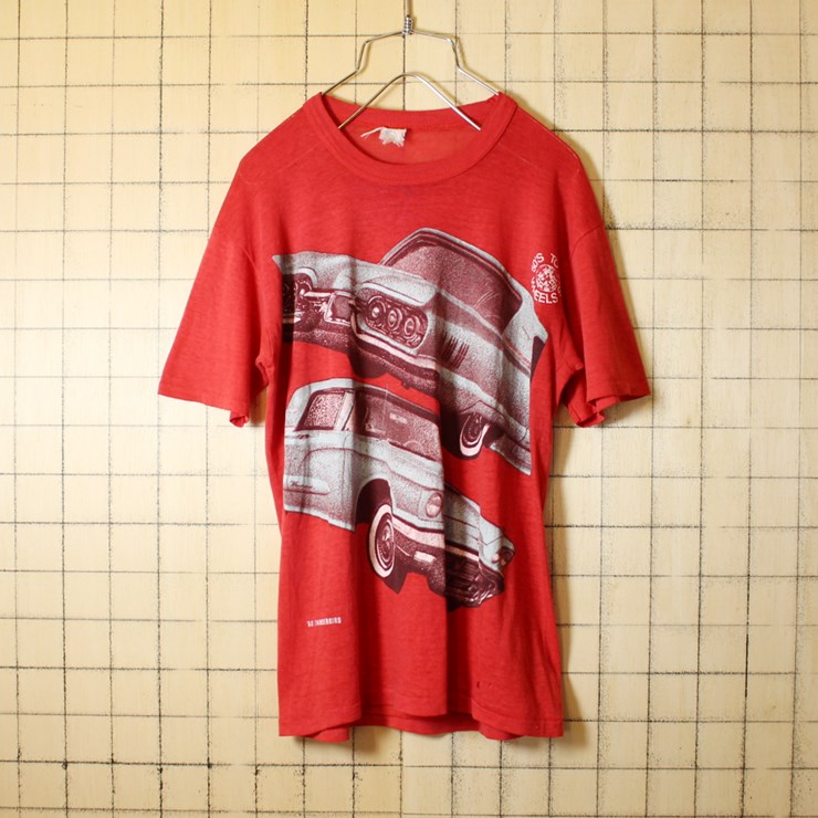 古着 レッド プリント Tシャツ 半袖 60s FORD THUNDERBIRD フォード サンダーバード メンズS相当 レディースML相当 D.G.SPORTSWEAR アメリカ古着