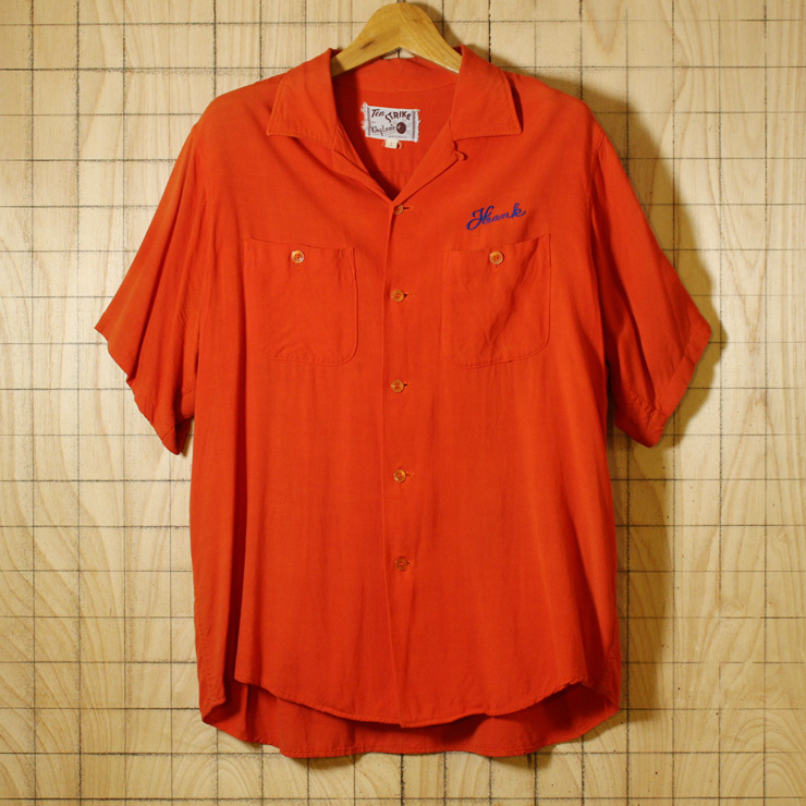 King Louie TEN STRIKE/50s-60sUSA製ビンテージ古着オレンジチェーンステッチボーリングシャツ・半袖シャツ/メンズLサイズ