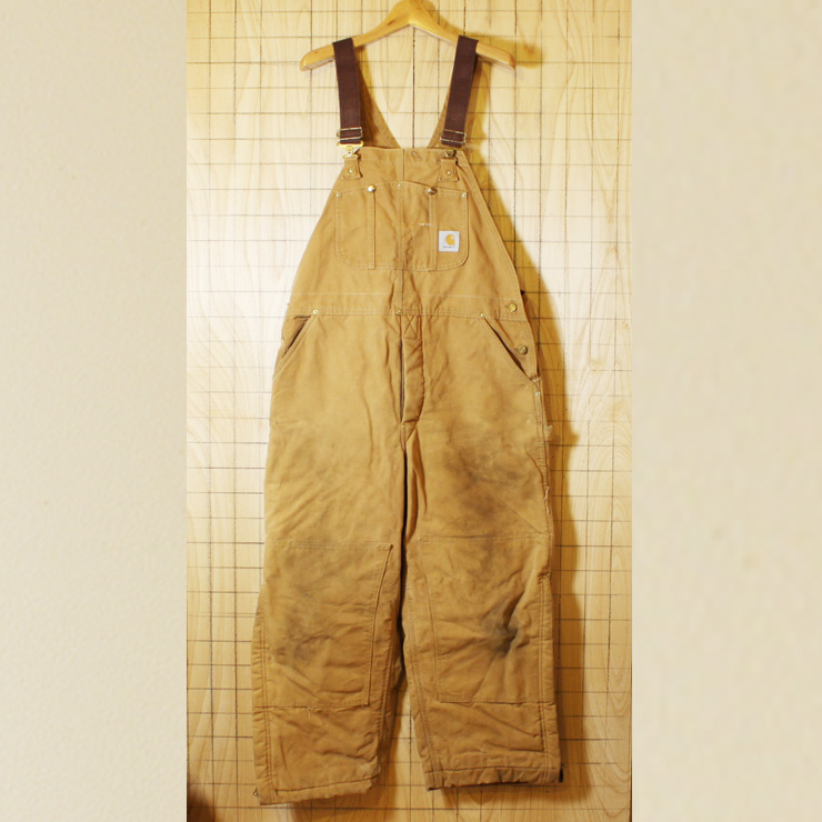 【Carhartt】古着70s-80sUSA製ベージュダック地ダブルニーキルティングライナーオーバーオール|サイズW40L30|ユニオンチケット付|oa-25