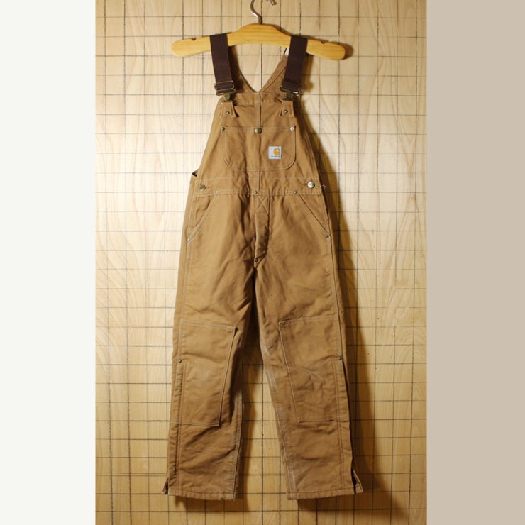 carhartt/USA製古着/キルティングライナー/キッズ/ダブルニーブラウンダック地オーバーオール/キッズ140相当