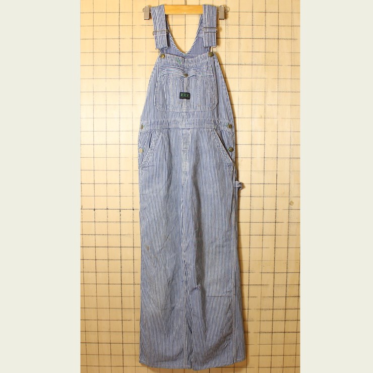 60s USA製 古着 デニム ランダムヒッコリー オーバーオール ELY W33相当 ブルー ボタンフライ oa61