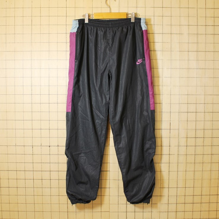 80s NIKE ナイキ ナイロン パンツ ブラック 紺タグ 裏地付き 黒 メンズL / 古着屋ataco garage