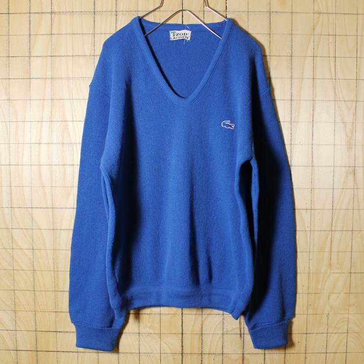 IZOD LACOSTE/70s古着/ブルー/Vネックアクリルニット・セーター/メンズM