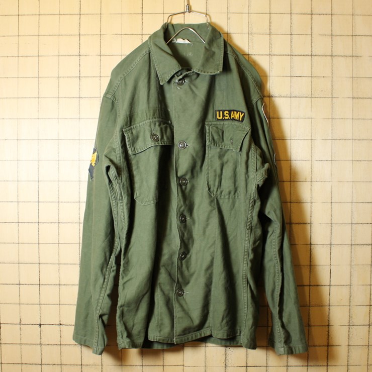 60s US.ARMY 古着 ユーティリティ シャツ OG-107 ジャケット ワッペン フルパッチ オリーブグリーン SMALL