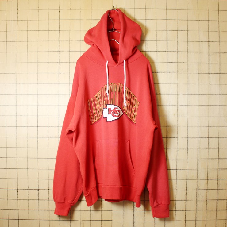 古着 Hanes ヘインズ NFL プリント スウェットパーカー レッド トレーナー メンズL KANSAS CITY CHIEFS