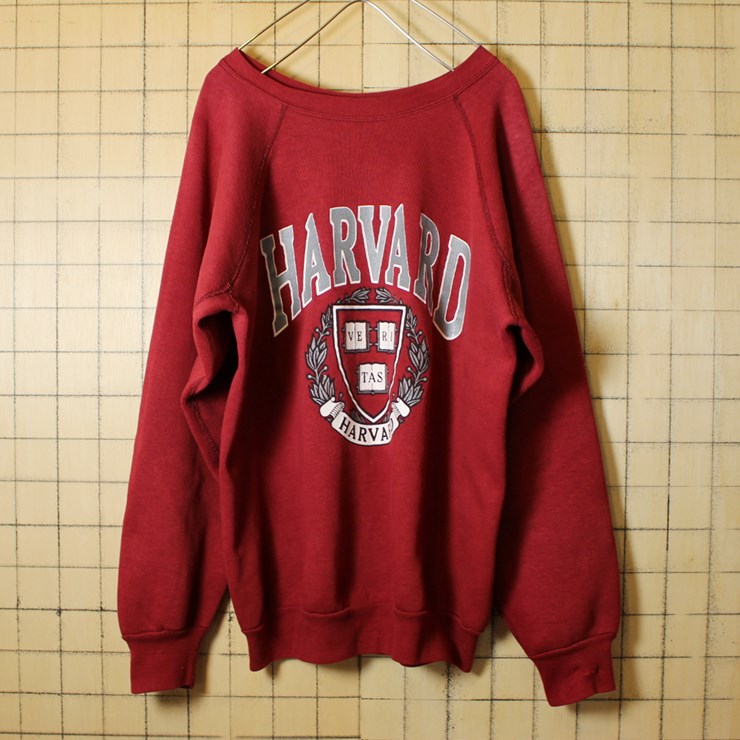 古着 カレッジ プリント スウェット エンジ レッド トレーナー メンズL相当 HARVARD