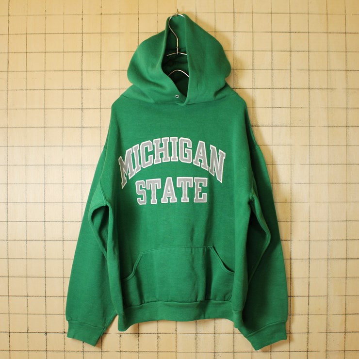 古着 70s ラッセルアスレチック プリント スウェットパーカー グリーン メンズM 金タグ トレーナー MICHIGAN STATE RUSSELL ATHLETIC