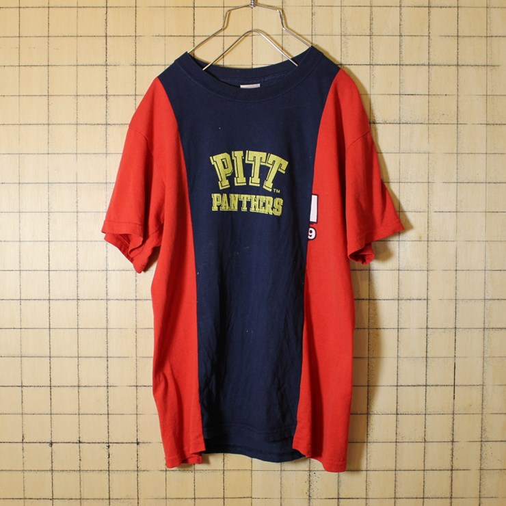 古着 リメイク 両面プリント Tシャツ 半袖 ネイビー レッド PITT PANTHERS メンズM相当