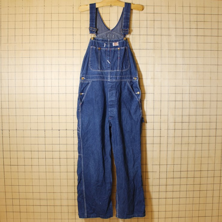 古着 USA製 ディッキーズ Dickies デニム オーバーオール W32L34 ボタンフライ ブルー pan238