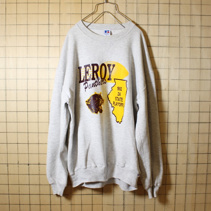 90's USA製 RUSSELL ATHLETIC 古着 プリント スウェット ライトグレー トレーナー メンズXL LEROY Panthers