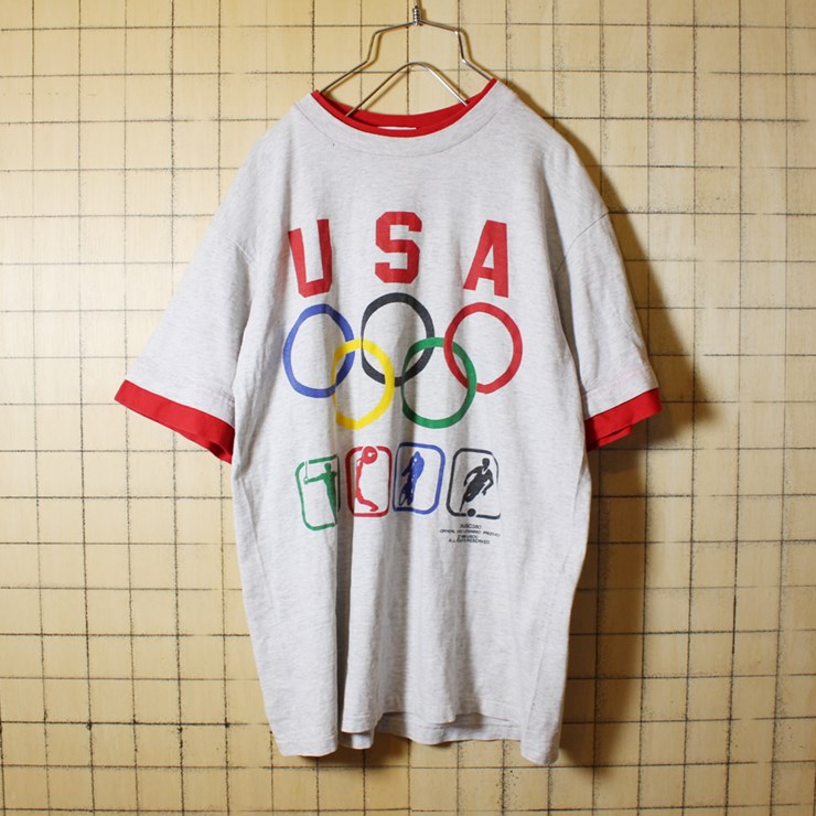 80s USA製 Hanes ヘインズ 古着 official USOC プリント 半袖 Tシャツ 杢グレー メンズM オリンピック