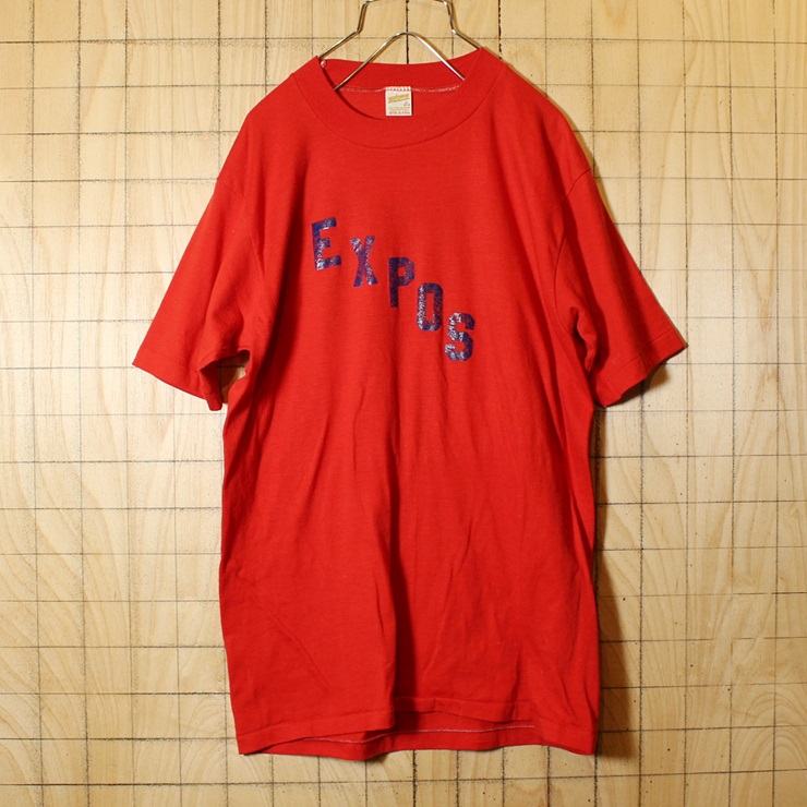 古着 70s USA製 EXPOS 両面プリント 半袖 Tシャツ レッド メンズL Sportswear 99