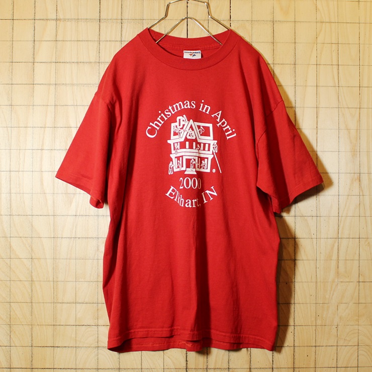 古着 JERZEES ジャージーズ Christmas in April 両面プリント 半袖 Tシャツ レッド メンズL