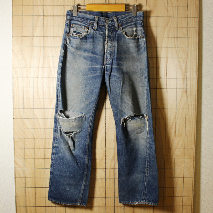 Levi's501 66前期/70sUSA製ビンテージ古着/ブルーデニムパンツ・ダメージジーンズ/実寸W29インチ