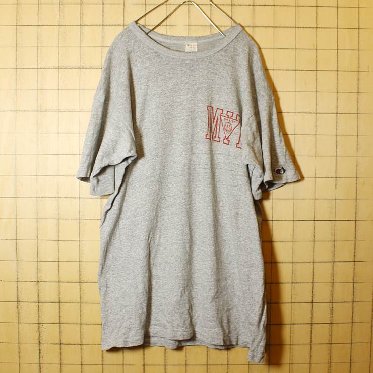 80s USA製 champion チャンピオン 古着 Tシャツ 染み込みプリント グレー メンズL 88ボディ トリコタグ