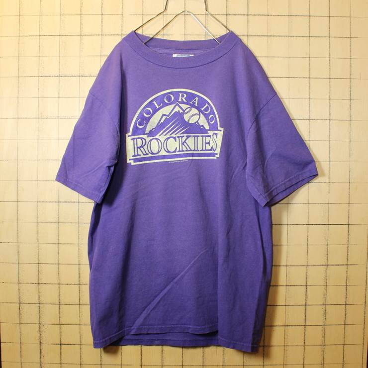 古着 プリント Tシャツ パープル ROCKIES プリント 半袖 メンズS CSA pan285