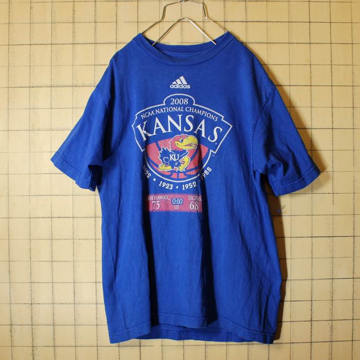 古着 adidas アディダス KANSAS プリント 半袖 Tシャツ ブルー メンズS pan288