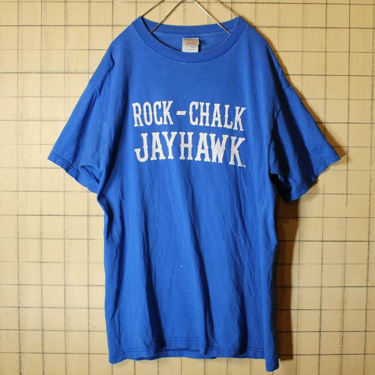 古着 ROCK-CHALK JAYHAWK 両面プリント 半袖 Tシャツ ブルー メンズM Fruit of the Loom pan289