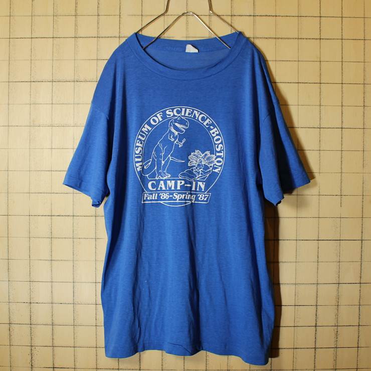 USA製 古着 80s プリント 半袖 Tシャツ ブルー メンズML相当 恐竜 ティラノサウルス CHED Anvil pan290