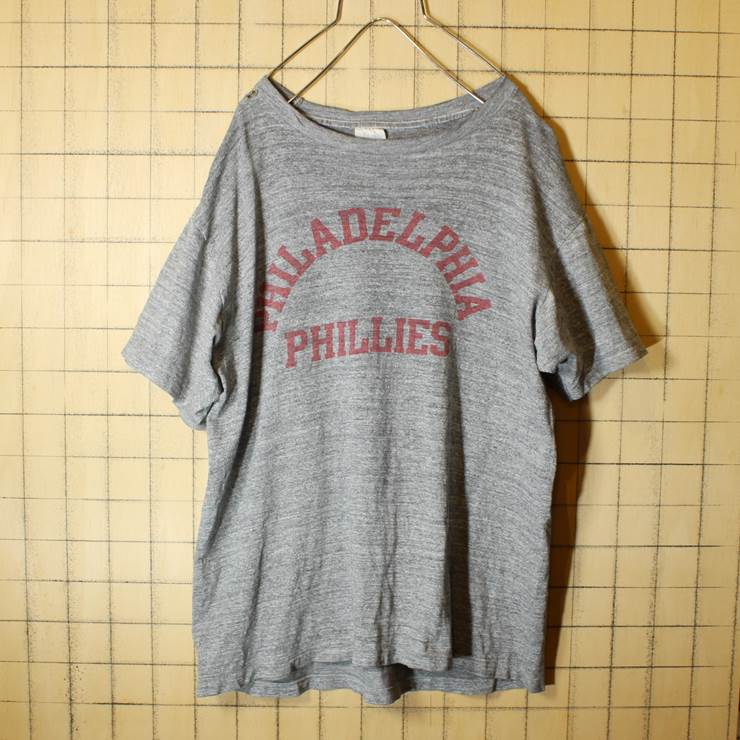 60s Collegiate Pacific 染み込みプリント 半袖 Tシャツ 霜降り 杢グレー メンズXL ビンテージ 古着 pan298