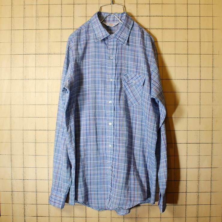 USA製 Levis 70s 古着 チェック 長袖 シャツ ライトブルー メンズSM相当 リーバイス