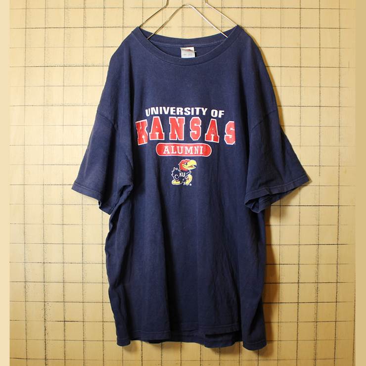 古着 KANSAS プリント 半袖 Tシャツ ネイビー メンズ2XL Fruit of the Loom pan302