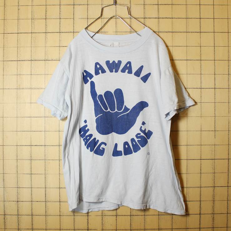 70s FANTASY HAWAII HANG LOOSE プリント 半袖 Tシャツ ライトブルー メンズM相当 古着 pan303