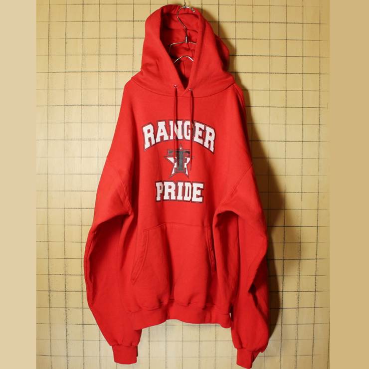 champion チャンピオン RANGER PRIDE プリント スウェット パーカー レッド フード トレーナー メンズL 古着