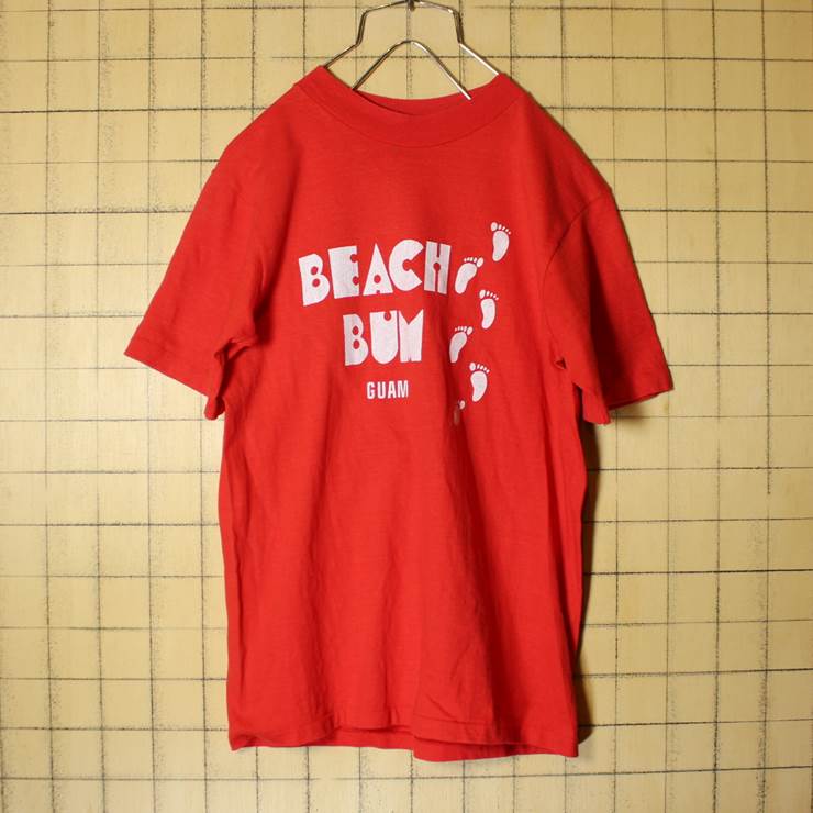 USA製 Hanes BEACH BUM GUAM プリント Tシャツ 半袖 レッド メンズS ヘインズ 古着