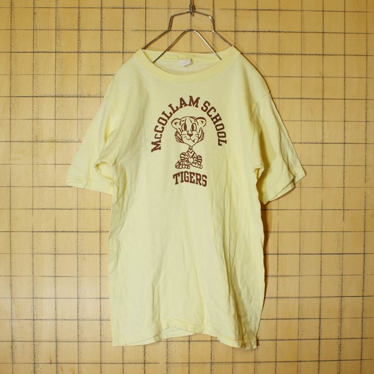 USA製 McCOLLAM SCHOOL TIGERS 染み込みプリント 半袖 Tシャツ イエロー メンズS相当 Velva Sheen ベルバシーン 古着