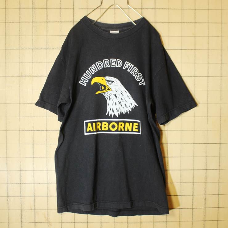 HUNDRED FIRST AIRBORNE イーグル ワシ プリント 半袖 Tシャツ ブラック メンズM スペースシャトル ALSTYLE APPAREL&ACTIVEWEAR 古着