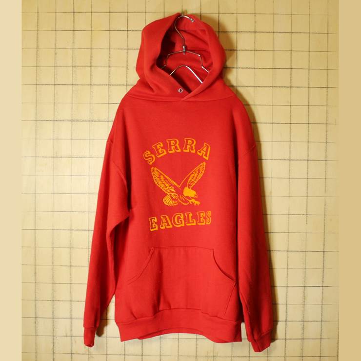 RUSSELL ATHLETIC 70s スウェットパーカー USA製 レッド フロッキープリント メンズM 金タグ 古着