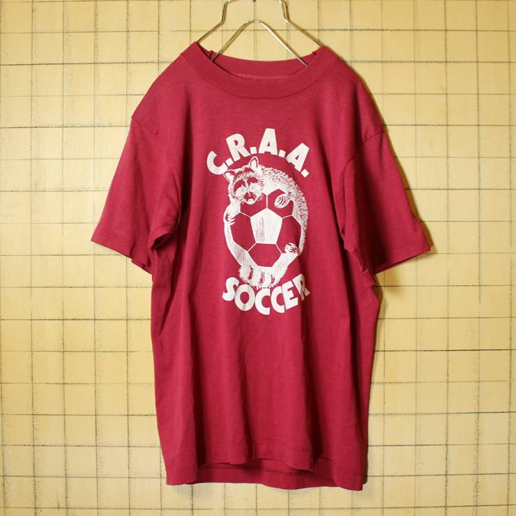 80s USA製 FRUIT OF THE LOOM プリント Tシャツ 半袖 エンジレッド メンズS C.R.A.A.SOCCER フルーツオブザルーム