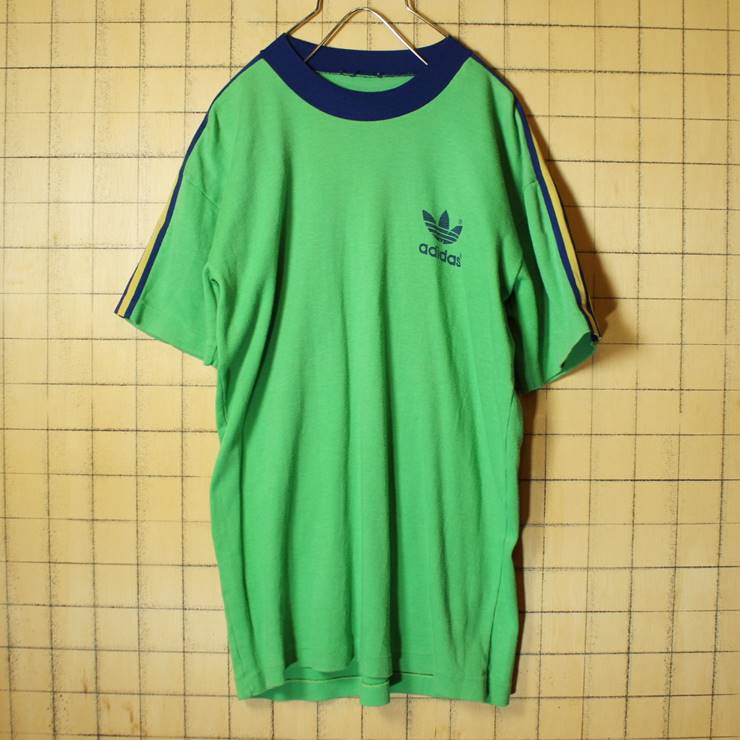 70s 80s adidas アディダス プリント Tシャツ グリーン メンズSM相当 古着