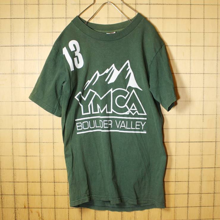 FRUIT OF THE LOOM YMCA Marriott 両面プリント 半袖 Tシャツ グリーン 緑 メンズS カモ 古着