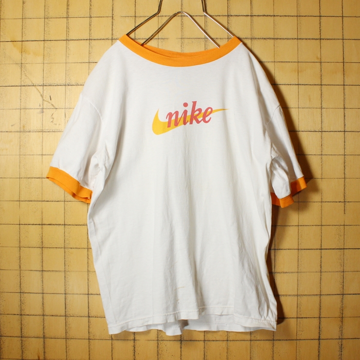 USA製 NIKE 筆記体ロゴ プリント 半袖 リンガー Tシャツ ホワイト メンズL アメリカ古着