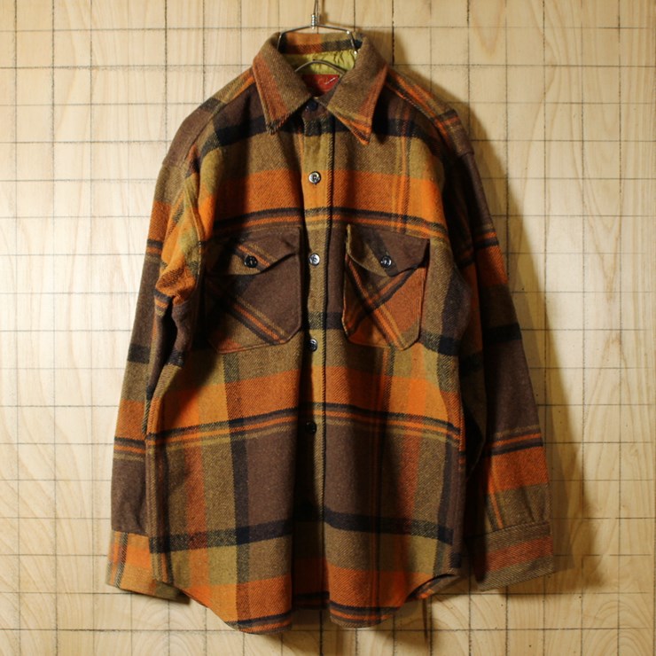 SEARS/USA製70sビンテージ古着/ブラウンオレンジ/チェックウールCPOシャツジャケット/メンズM