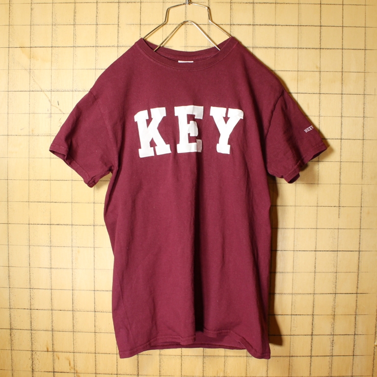 USA GILDAN ワッペン KEY Tシャツ ボルドー レッド 半袖 メンズS アメリカ古着