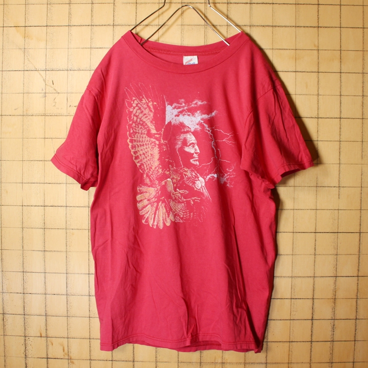 90s USA製 JERZEES インディアン プリント Tシャツ レッド 赤 半袖 メンズM アメリカ古着