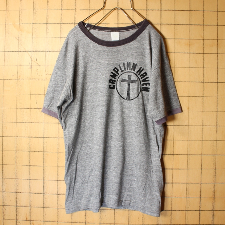 70s 80s CAMPLINN HAVEN プリント リンガー Tシャツ 杢グレー 灰 半袖 メンズS相当 アメリカ古着