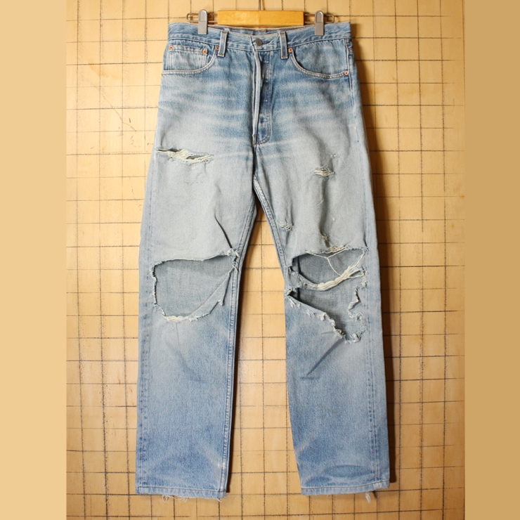 USA製 Levis リーバイス 501 ダメージ ジーンズ デニム パンツ W34 ブルー クラッシュ アメリカ古着