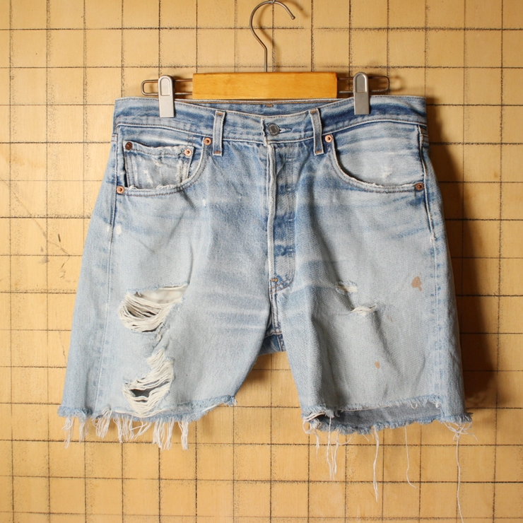 Levis リーバイス 501xx ダメージ ジーンズ カットオフ デニム パンツ W33 ブルー ショート ショーツ アメリカ古着