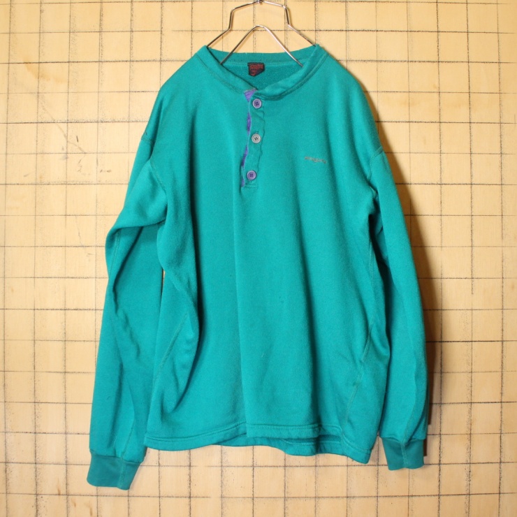 90s USA製 patagonia パタゴニア ヘンリーネック 無地 フリース シャツ スウェット グリーン メンズL アメリカ古着