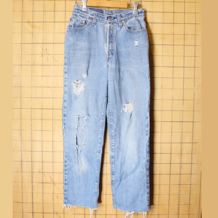 90s USA製 Levis 501 リーバイス ブルー ジーンズ デニム ダメージ パンツ W26相当 アメリカ古着